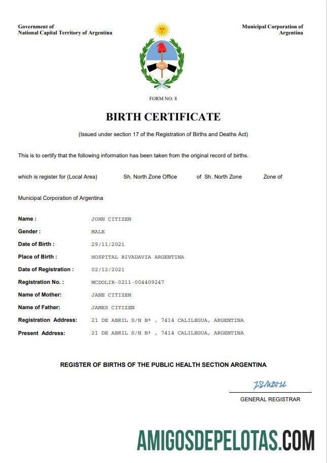 Realista modelo Word e PDF de certidão de nascimento da Argentina